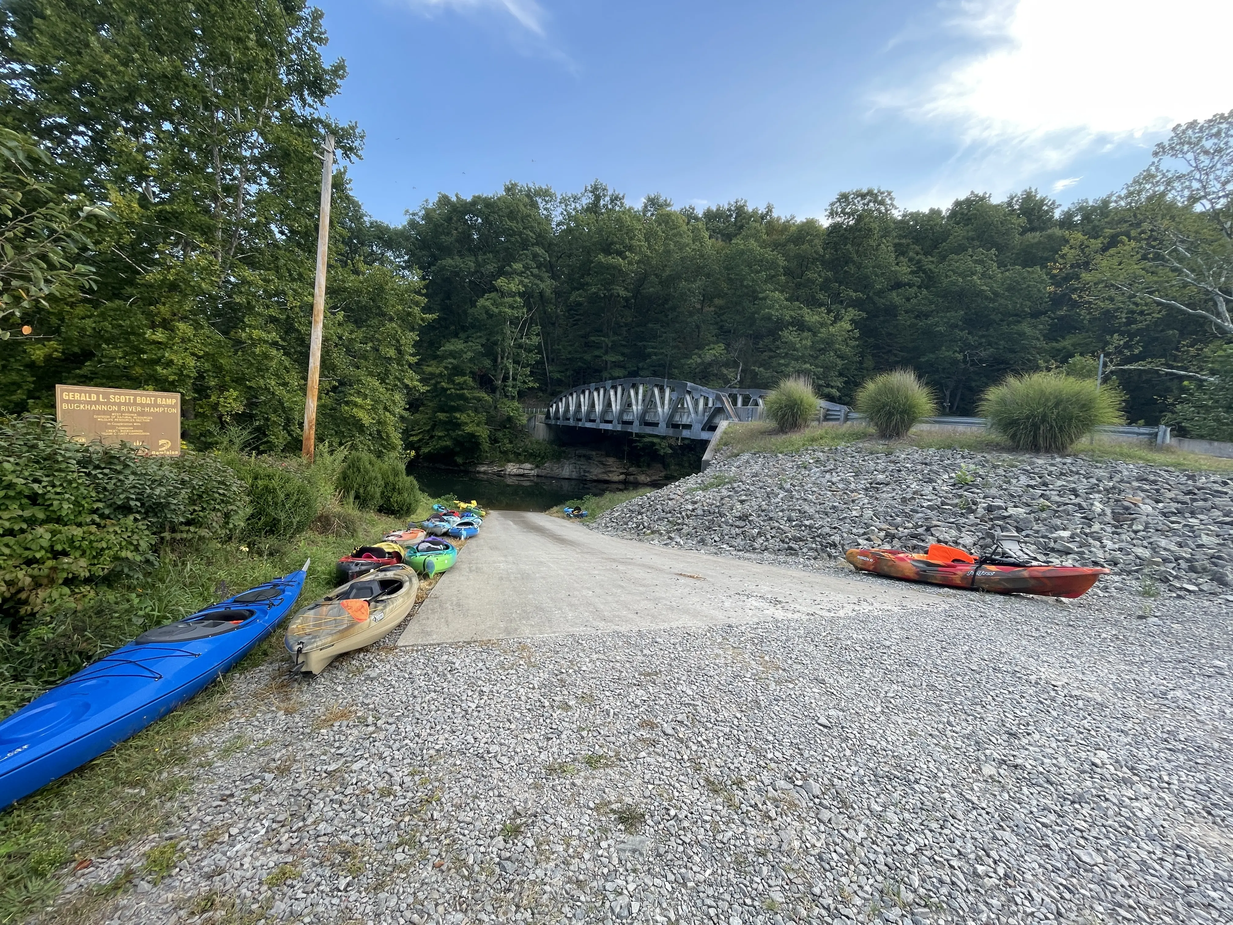 Kayaks lined up at a launch point at Hampton Access Site during Riverfest