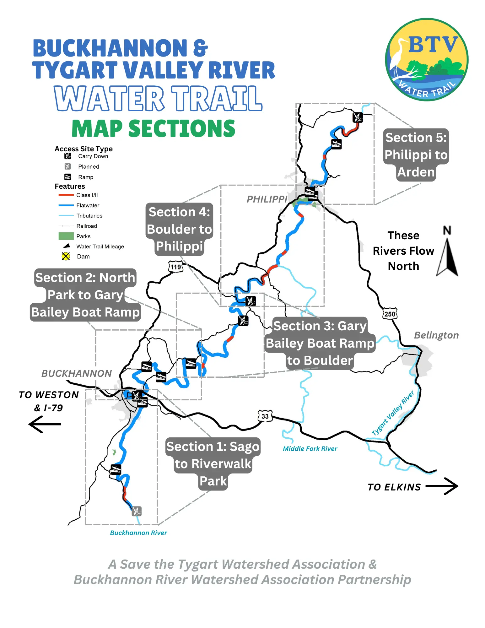 An image of a map of the water trail that highlights the trail's 5 distinct sections
